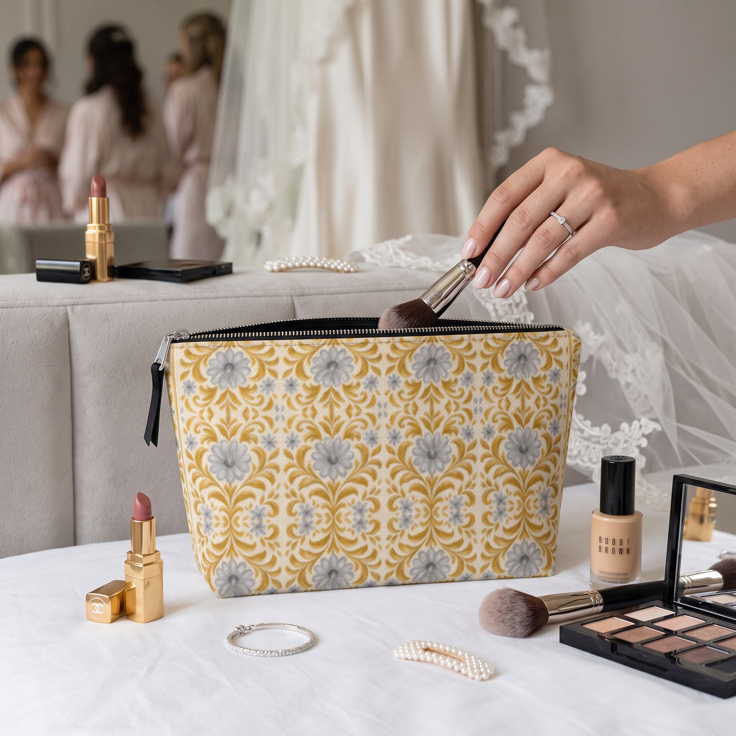 Gilded Garden Damask makeup bag