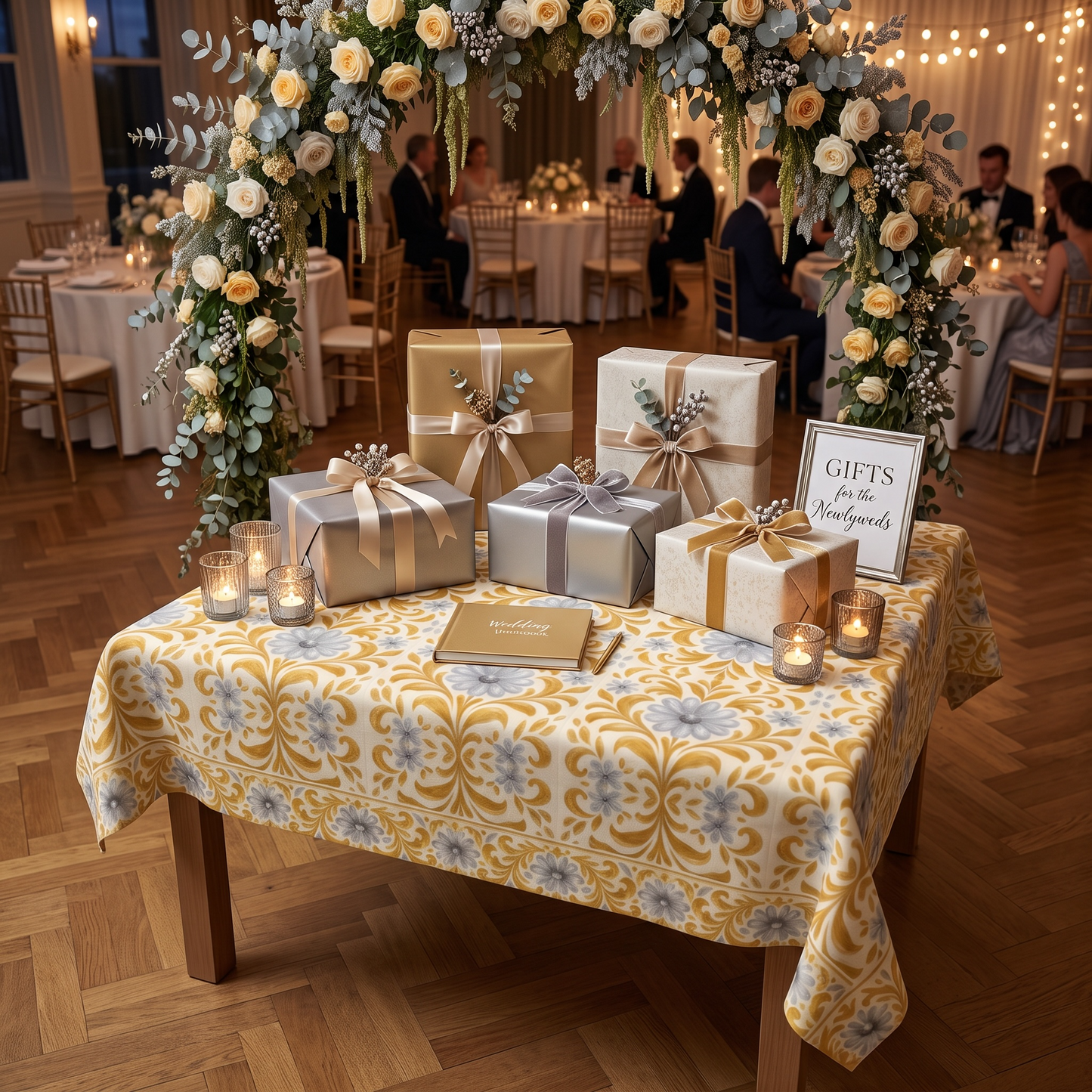 Gilded Garden Damask 60 x 60 WEDDING tablecloth with border