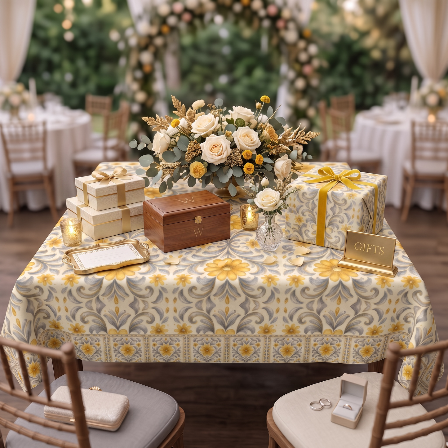Silver Garden 60 x 60 WEDDING Tablecloth with Border
