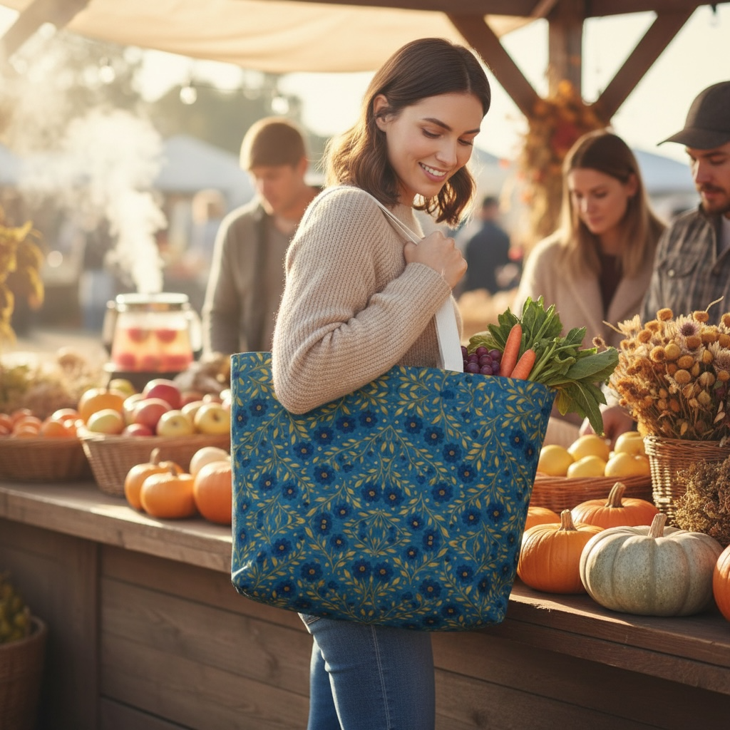 Indigo meadow floral fan canvas tote bag