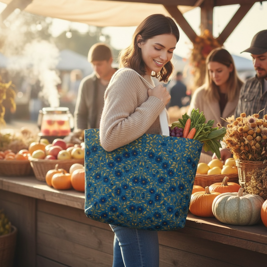 Indigo meadow floral fan canvas tote bag