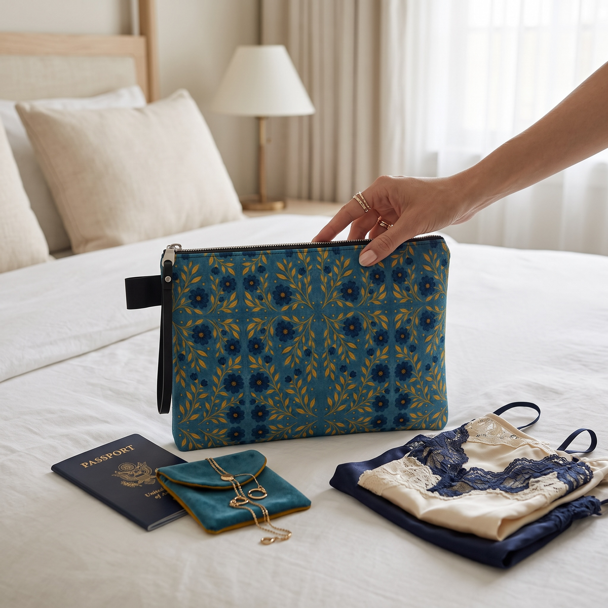 Indigo Meadow floral allover zipper carry all