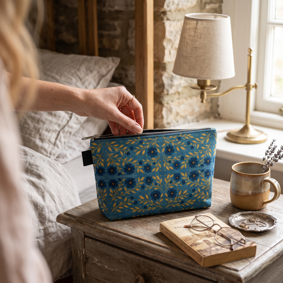 Indigo Meadow floral allover zipper carry all