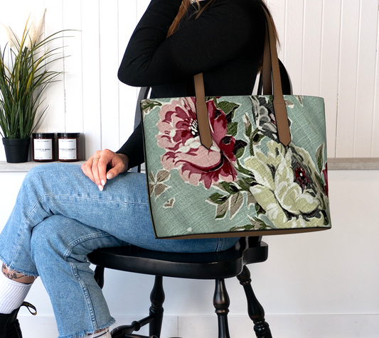 Seafoam Roses Vegan Leather Tote Bag
