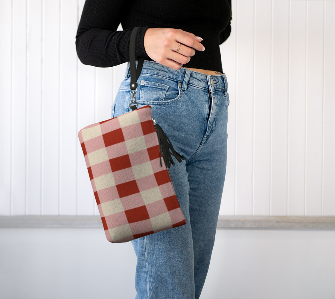 Red Gingham Vegan Leather Clutch Wristlet