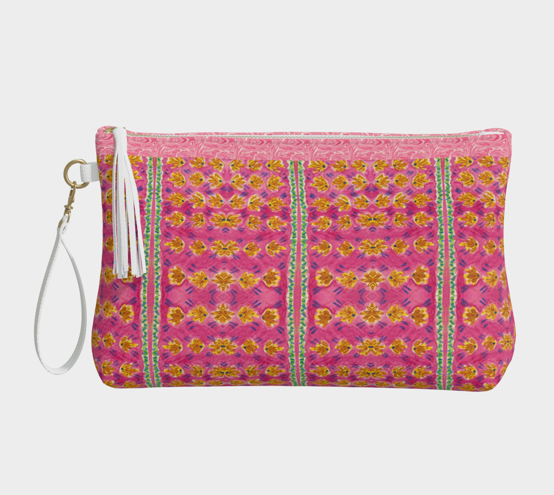 Pink Botanique with Border Vegan Leather Clutch Wristlet