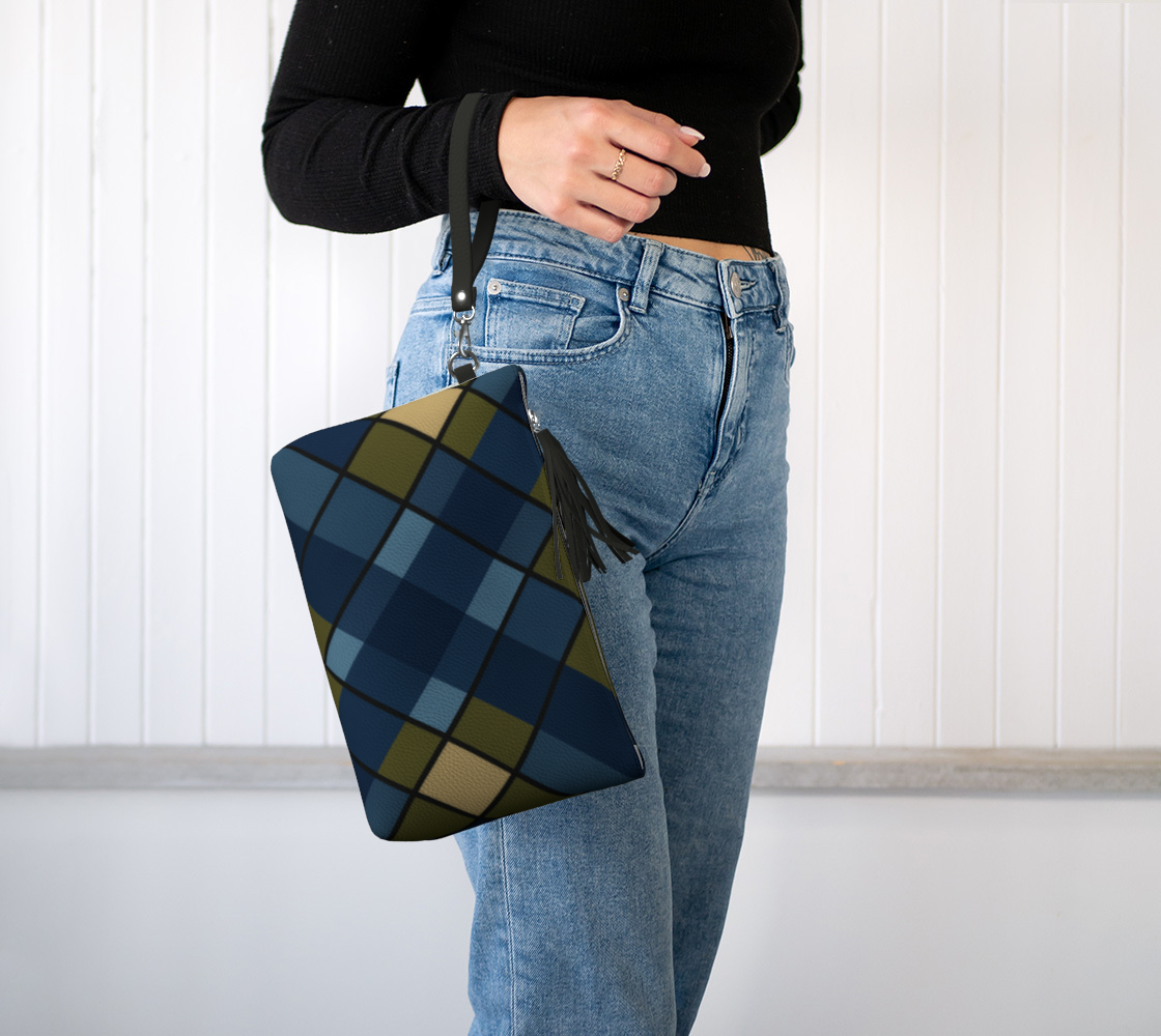 Blue Plaid Vegan Leather Clutch Wristlet Bag