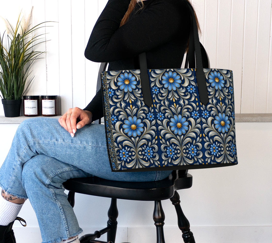 Gilded Navy Azure Bloom large vegan tote bag