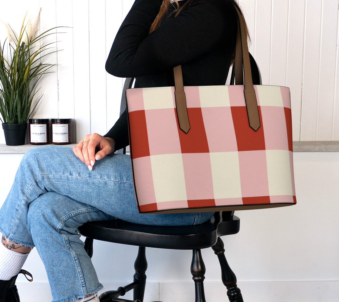 Red Gingham Vegan Leather Tote Bag