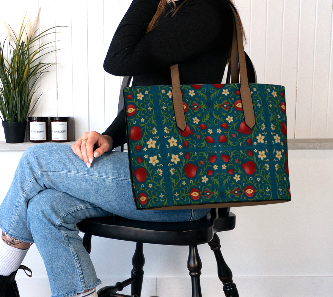 Winter Pomegranates Vegan Leather Tote Bag