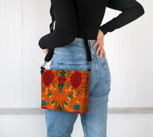 Imperial Peonies Tangerine Vegan Leather Crossbody Purse