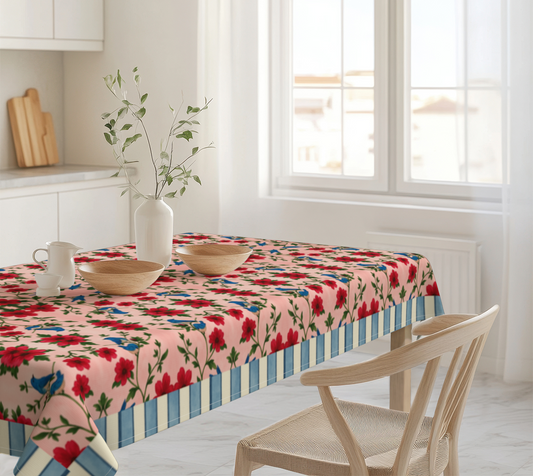 Songbird Bloom Pink with Blue Stripes 60 x 90 Tablecloth