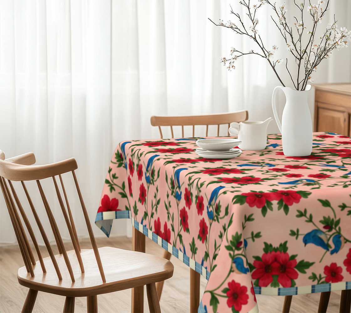 Songbird Bloom Pink with Blue Stripes 60 x 60 Tablecloth