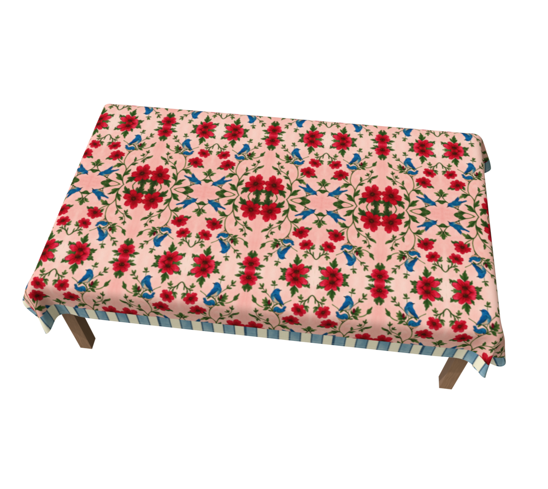 Songbird Bloom Pink with Blue Stripes 60 x 90 Tablecloth
