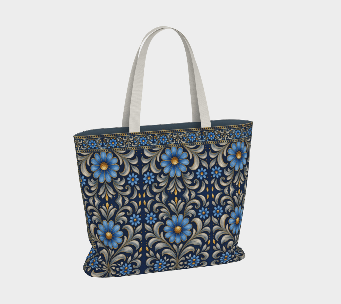 Gilded Navy Azure Bloom large canvas tote bag