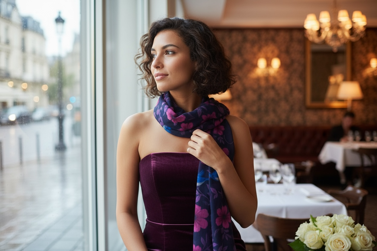 Songbird Bloom Plum Silk Long Scarf